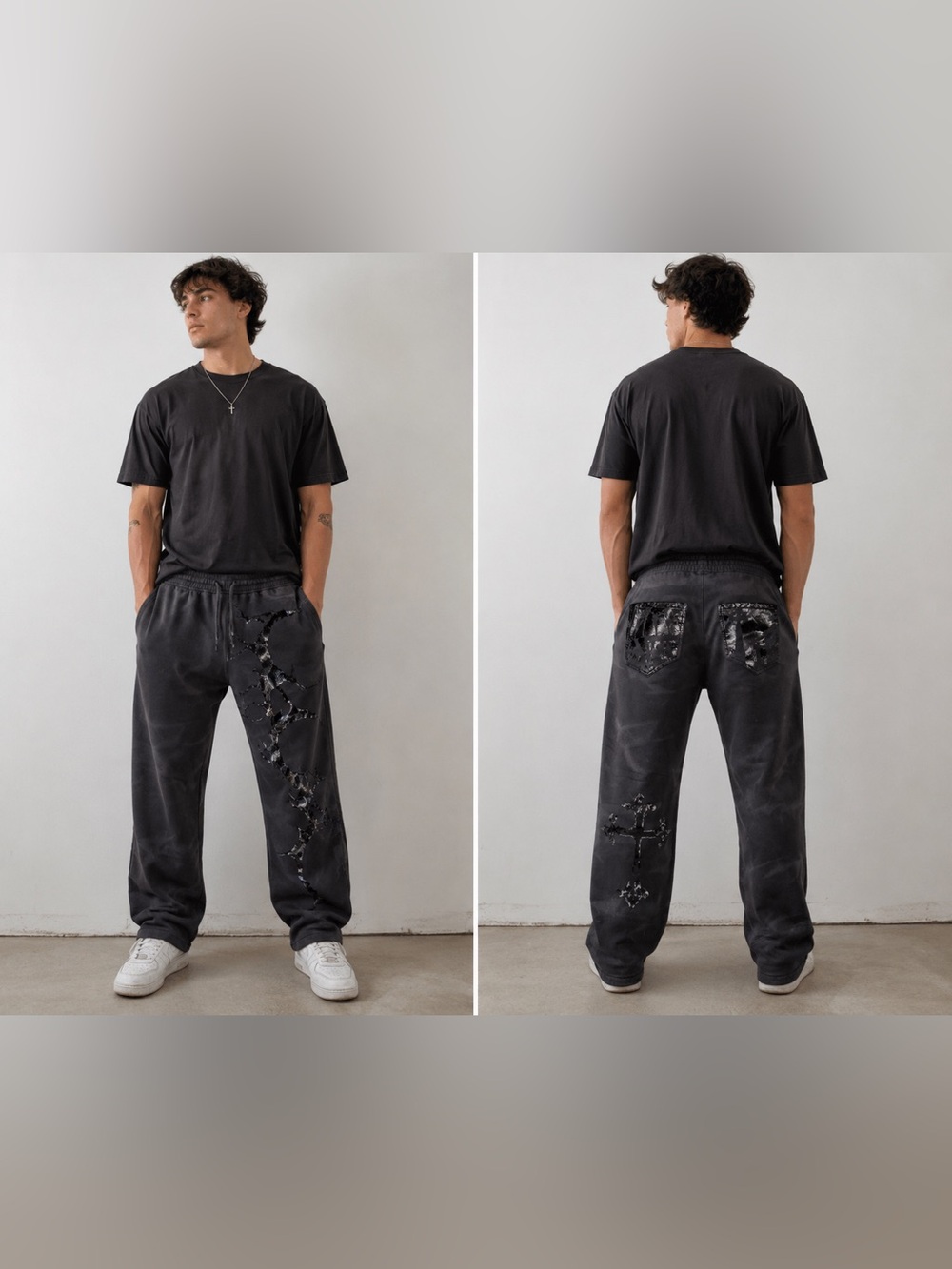 VITRIOL Charcoal Black Relaxed SWEATS with Shiny Distressed Accents